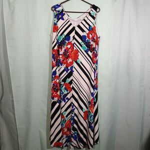 Floral Striped Sleeveless Midi Dress – Pink Black Stripe Red Flower Dress